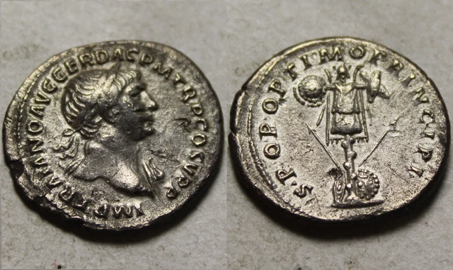Rare original Ancient Roman silver coin denarius Trajan 98 AD trophy arms