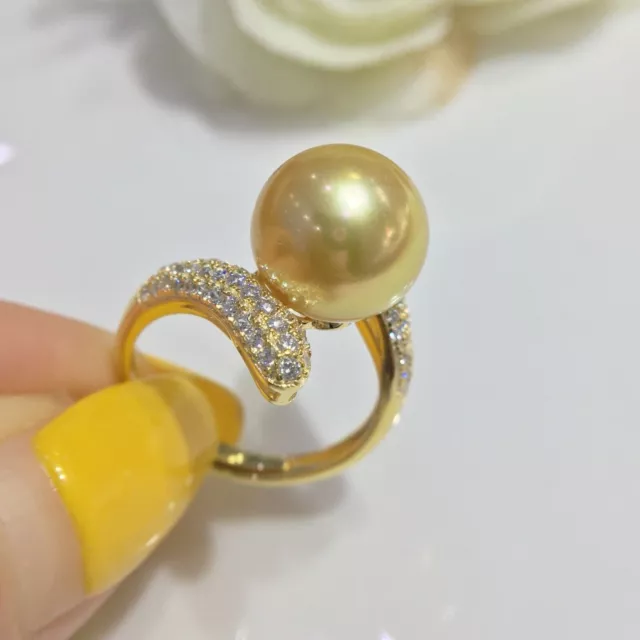 Gorgeous HUGE AAAAA 11-10mm ROUND natural south sea Golden pearl ring 925S...