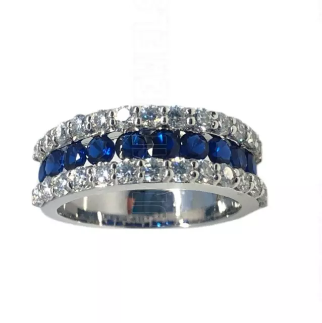 Channel Two Row Round Blue Sapphire Diamond Simulated Ring 14k White Gold Silver