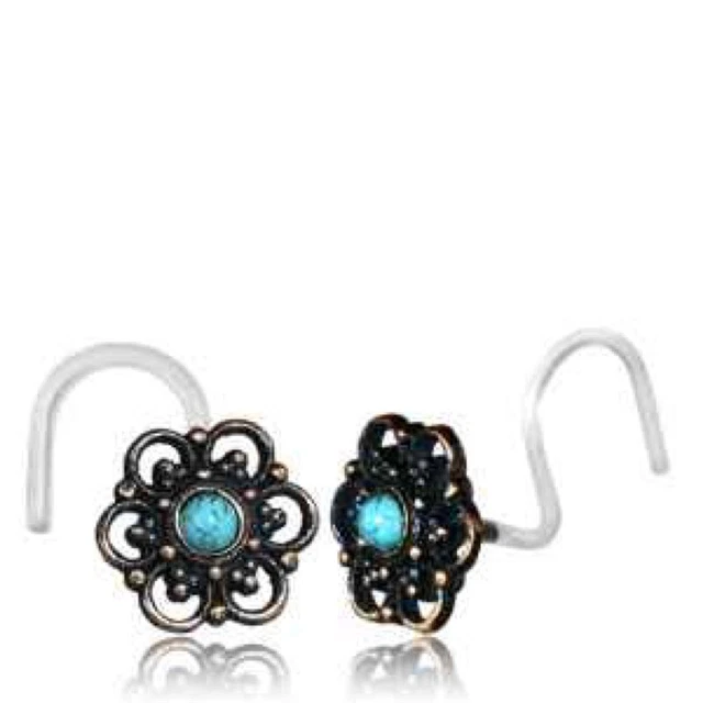 Tribal Mandala Bioplast 20G Rose Brass Nose Stud Nose Ring Ear Turquoise Stone