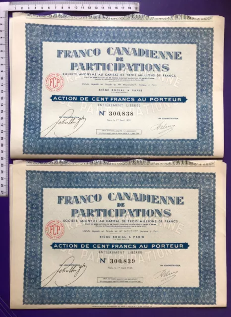 Lot 2 x Aktie Frankreich Franco Canadienne de Participations +Talon Paris 1939