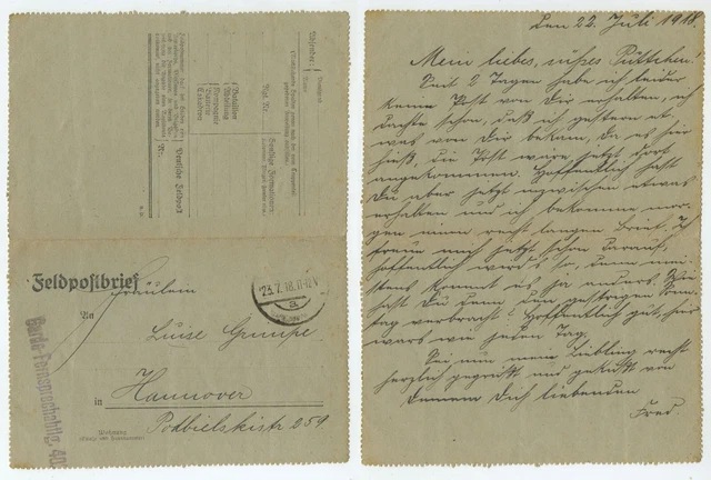 97626 - Feldpostbrief - 23.7.1918 nach Hannover