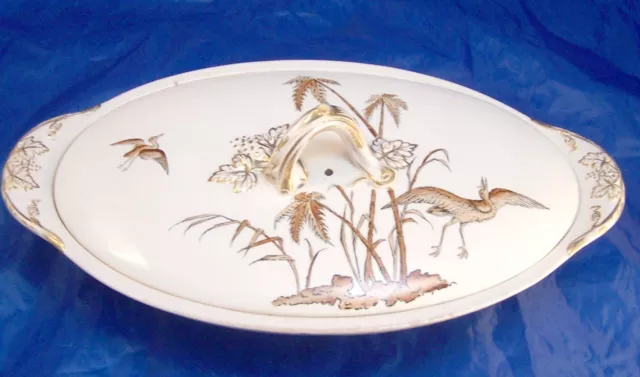 Copeland England 1870s Egret Japanesque Aesthetic Oval Vegetable Bowl with Lid B