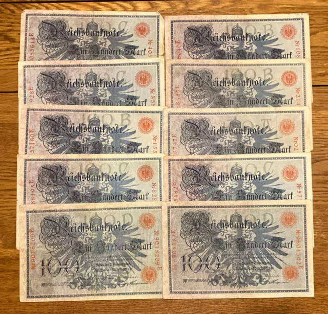 Lot Of 10 X Germany Banknotes. 10 X 100 Mark. Dated 1908. Reichsbanknote.