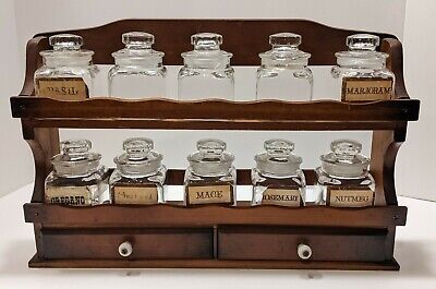 VTG Wood Spice Rack w 10 Glass Apothecary Spice Jars, Japan, 2 Drawers + Labels