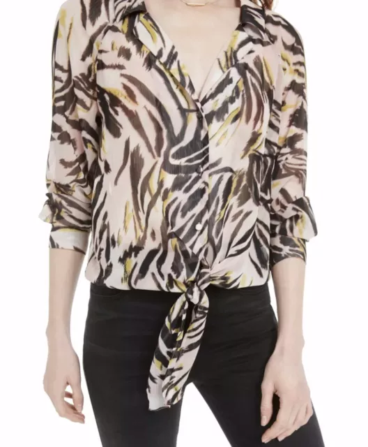 Bar III Sheer Animal Print Long Sleeve V Neck Women's Blouse Top XS MSRP $49