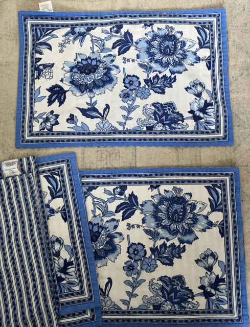 Set Of 4 Williams Sonoma White Blue Floral Reversible Cotton Placemats 13x19”