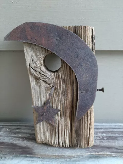 Rustic wooden toilet paper holder with rustic  metal half moon and star