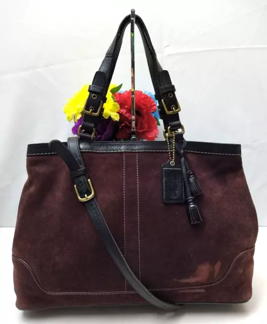 Coach Purplish Brown Suede Black Leather Trim Zip Closure Satchel Shoulder Bag