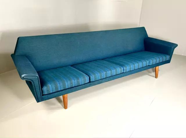 EB5703 Vintage Danish Four Seat 1960s Sofa, Blue Wool, Retro, MCM. M4SS