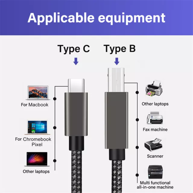 USB-A/C to USB-B Printer Cable High Speed Cord for Digital Piano MIDI Controller 3