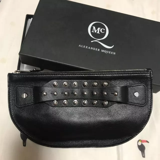 ALEXANDER MCQUEEN Women's Semi-Circle Studded Clutch Bag Black Leather USED