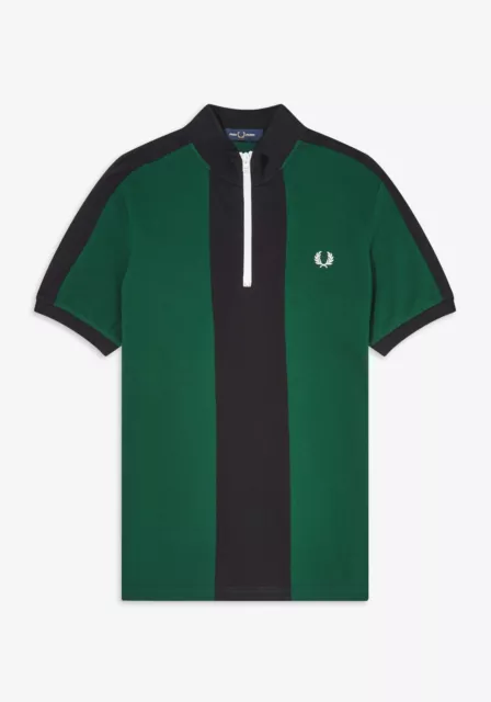 New Men's Fred Perry Vertical Panel Polo Shirt Stretch Embroidered Zip Black Ivy