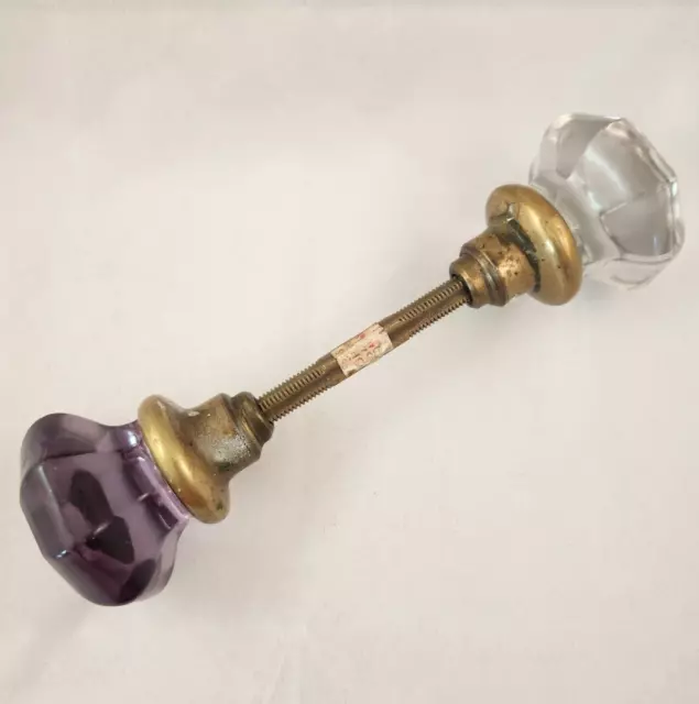 Antique Octagon Amethyst & Clear Glass Door Knob Set - Victorian Archit. Salvage