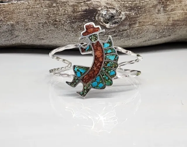 Native Kokopelli Sterling Turquoise Coral Chip Inlay Cuff Bracelet Worrier 6.5