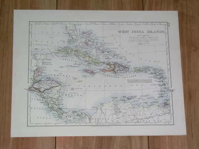 1896 Antique Map Of West Indies Caribbean Bahamas Puerto Rico Cuba Verso Mexico
