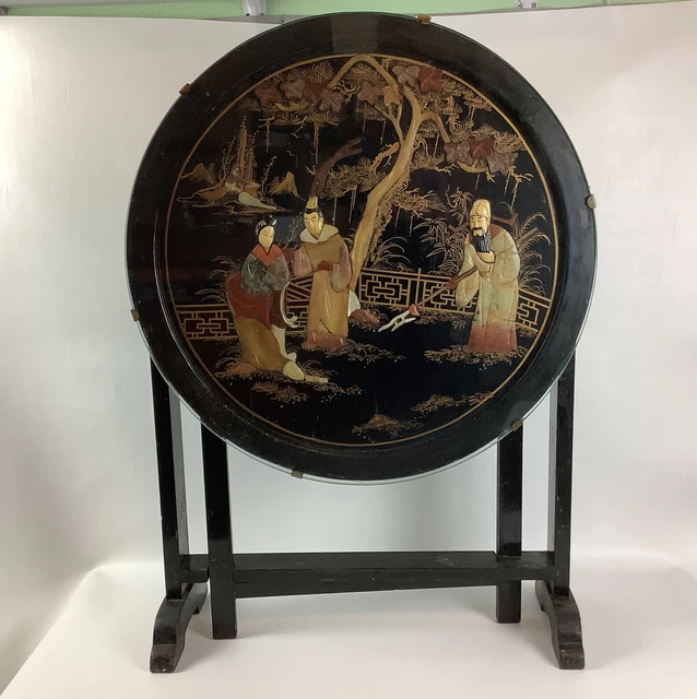 Vintage tilt top side table with thick glass top Japanese 3D hand carved wood
