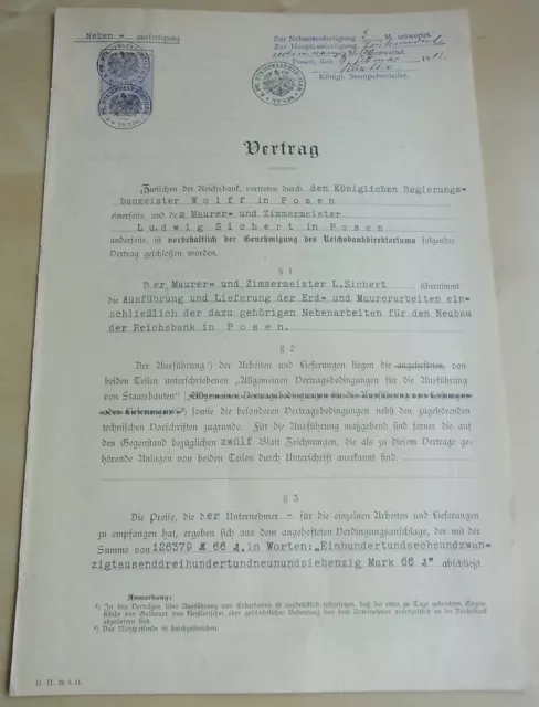 Contratto 1912, Nuova Costruzione Banca Empire IN Poznan, Firma Heinrich Wolff & 2