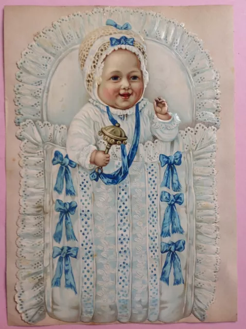 1v4: 29cm gr. Oblate Glanzbild Täufling Knabe Baby Rassel Steckkissen Puppe~1890