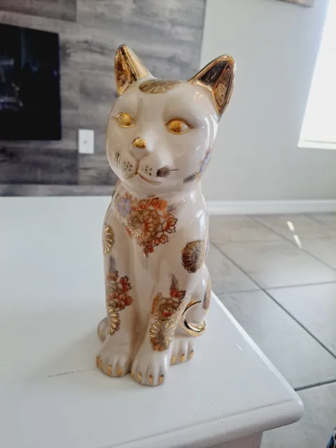 Vintage Hand Painted Gold Floral Chinese Cat Figurine Collectible Cat Lovers