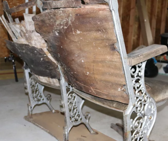 Antique folding theater seats ORNATE CAST IRON 2 seats w/rack DIY EASY RESTORE 2