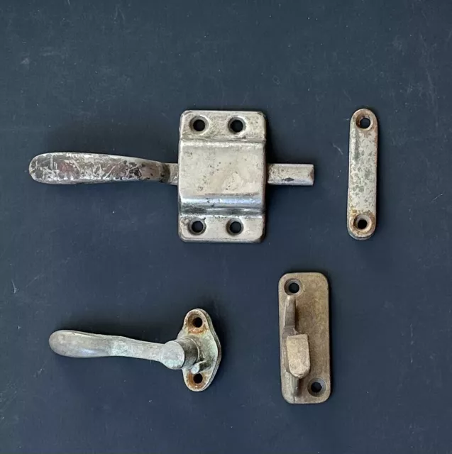 DS-129–Misc. Antique Nickel-Plated Brass Ice Box Hardware Handles Catch Salvaged