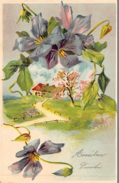 CPA Fantaisie gaufrée, paysage et fleur