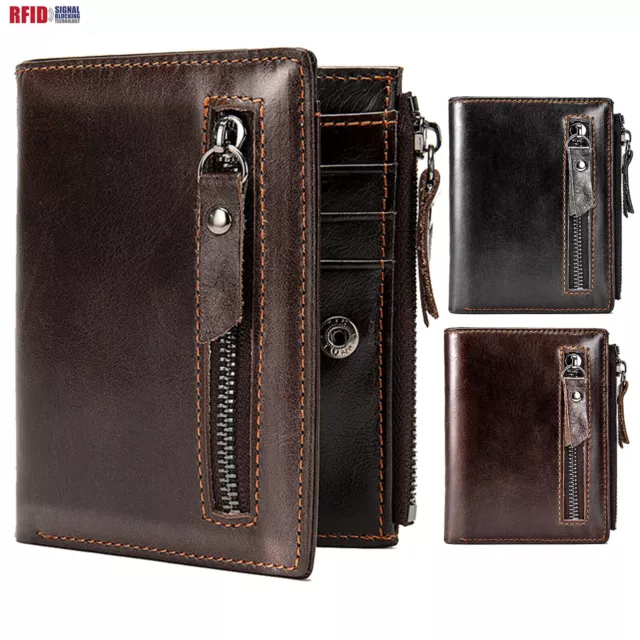 Retro Men Wallet Genuine Leather RFID Slim Bifold with Zipper Coin Pocket Purse