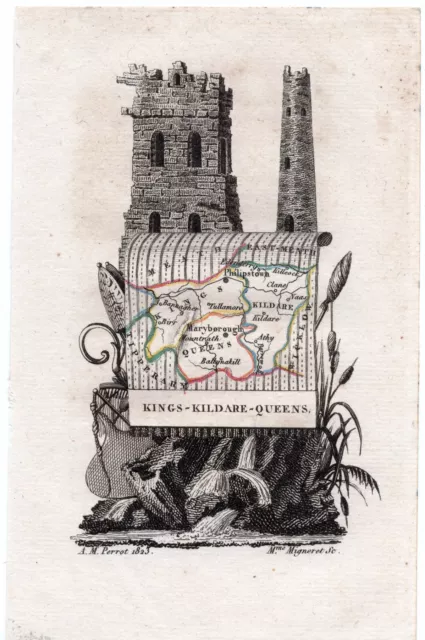 1823 A. M. Perrot Antique Map, Kings, Kildare, Queens, Ireland