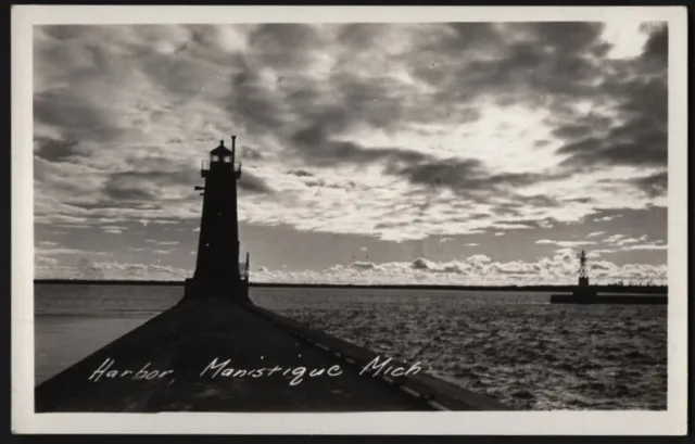 MANISTIQUE EAST AND WEST BREAKWATER LIGHTHOUSES MI  1940s RPPC