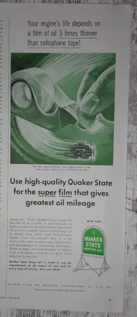 1954 Quaker State Vintage Print Ad Motor Oil Engine Life Cellophane Tape City PA