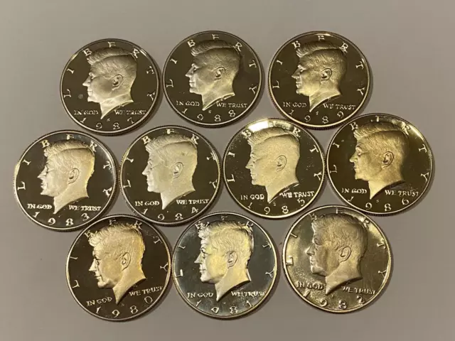 1980-1989 S PROOF Kennedy Half Dollars (10 COINS) - DIRECTLY FROM PROOF SETS