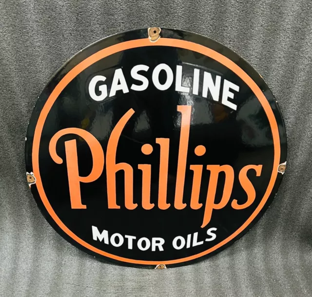 Rare Vintage Porcelain Phillips Gasoline Motor Oils 30 Inches Round Enamel Sign