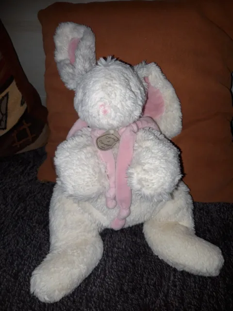 Doudou et compagnie lapin blanc oreilles et echarpe rose Bonbon 32 cm