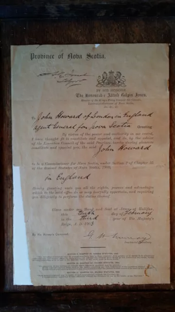 1903 Antikes Zertifikat Nova Schottland Kanada - John Howard Commissioner Agent