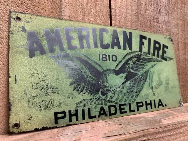 Antique Tin Litho Sign American Fire Philadelphia  7X3 Rare