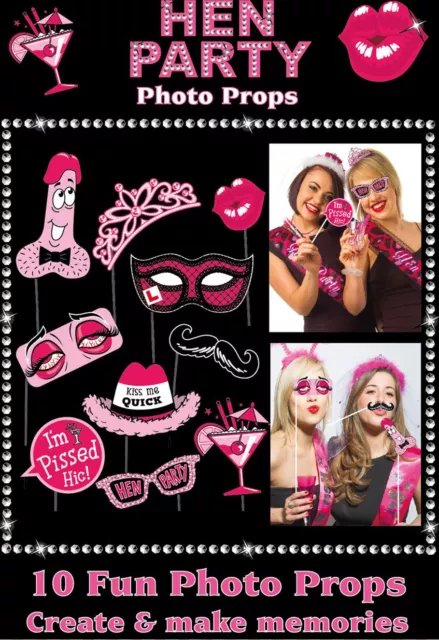 Kit 10 pezzi cabina fotografica Hen Night Naughty / oggetti di scena selfie - grande festa divertente - nuovo 2