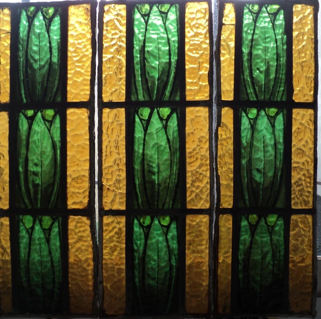 antique lot x 3 XIXc panels stained glass florals design unique vitreaux vitral
