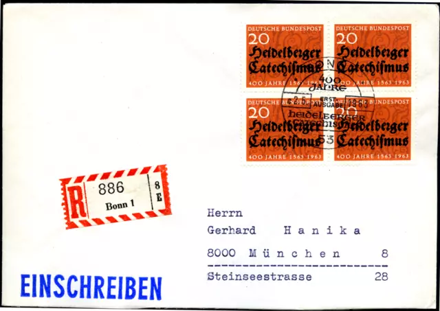 Bund 1963 "Katechismus" MiNr 396 Viererblock auf Einschreib-FDC
