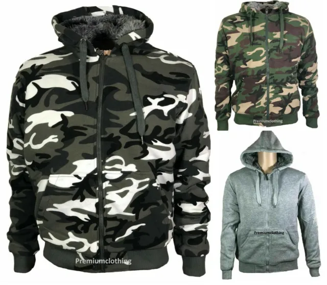 Mens womens Camouflage Thermal Jackets Hoody Hoodie Fleece Sherpa Fur Lined