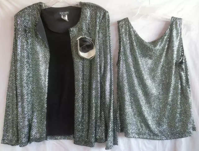 NWT Xscape 2 pc Silver & Black Sparkly Twinset Sz L for Evening Formal, Cocktail