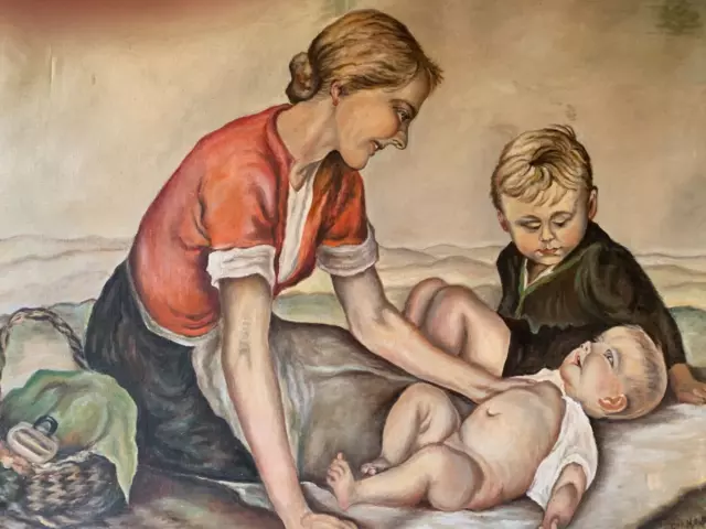 ÖLGEMÄLDE MUTTER MIT KINDERN GEMÄLDE AUS DEM JAHR 1957 -signiert Muscher.