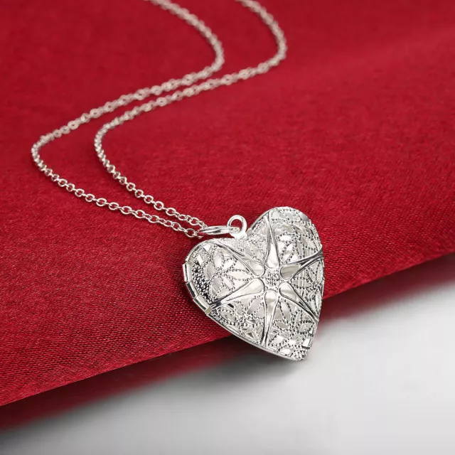 925 Sterling Silver Filled Hollow Filigree Heart Locket Charm Pendant Necklace