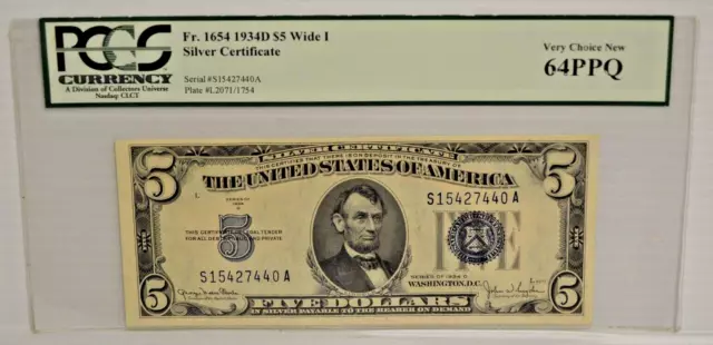 1934 D Graded $5 SILVER CERTIFICATE WIDE I, PCGS 64 PPQ ,VERY CHOICE NEW
