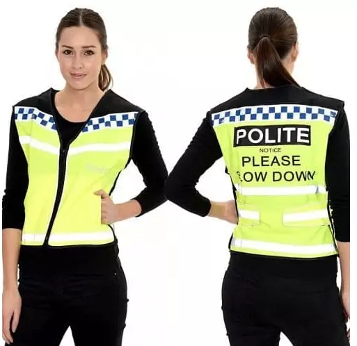 Equisafety Lightweight Polite Reflective Hi-Vis Waistcoat Please Slow Down S-XXL