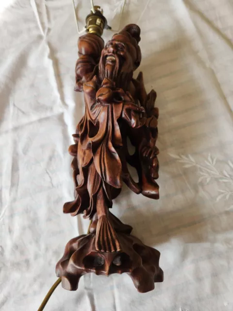 Antique Oriental Chinese 1920's Hand  Carved Wood Lamp