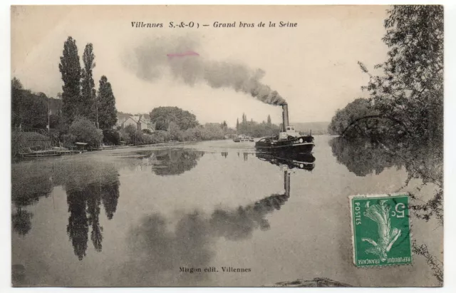 VILLESNES - Val d' Oise - CPA 95 - Un Bateau remorqueur Vapeur sur la Seine