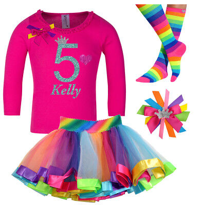 5th Birthday Girl Shirt Glitter Rainbow Tutu Outfit Gift Set Sock Hair Bow Name