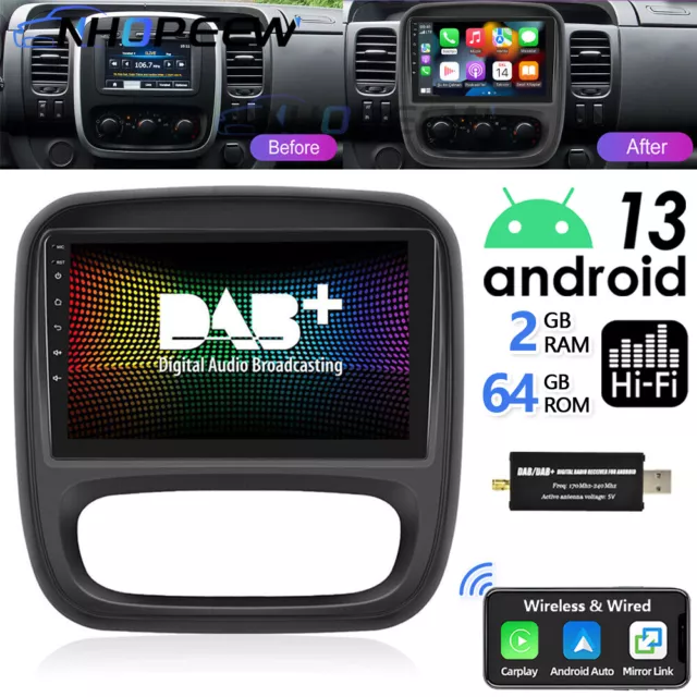 DAB+ 9" Android 13 Car Stereo Radio Carplay GPS Navi HiFi For Vauxhall Vivaro B