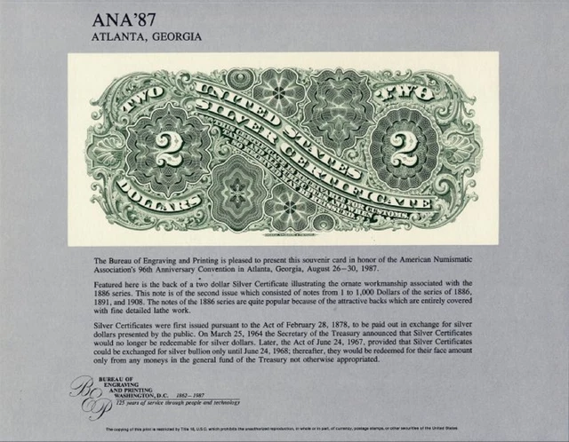 BEP SOUVENIR CARD 1886 $2.00 SILVER CERTIFICATE -.BACK Fr 240